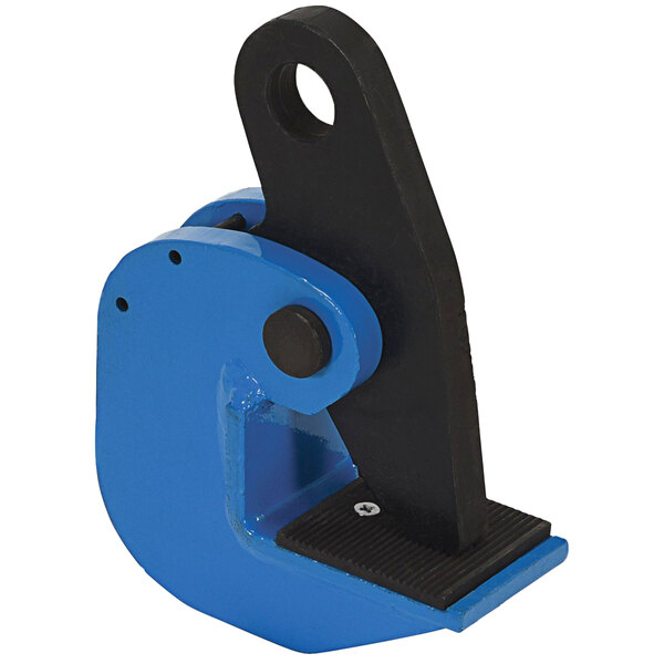 A blue and black metal Vestil horizontal plate clamp.