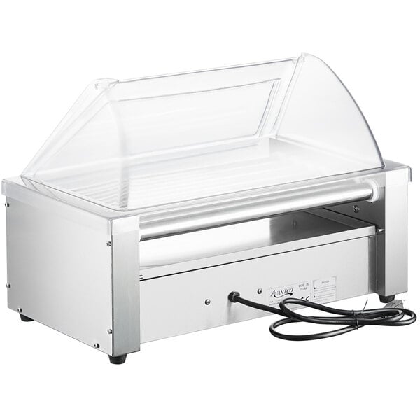 A silver rectangular Avantco hot dog roller with a clear lid.