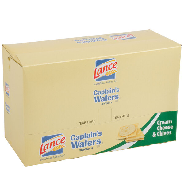 A white Lance Captain's Wafers Cream Cheese and Chives Sandwich Crackers box.