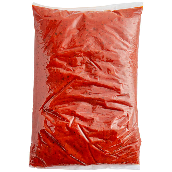 A red plastic pouch of Prego No Salt Added pasta sauce.