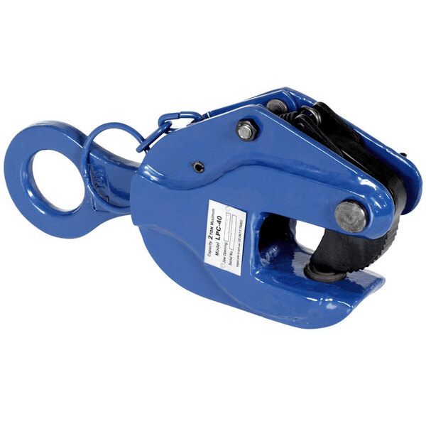 A blue steel Vestil vertical plate clamp with a black strap and hook.