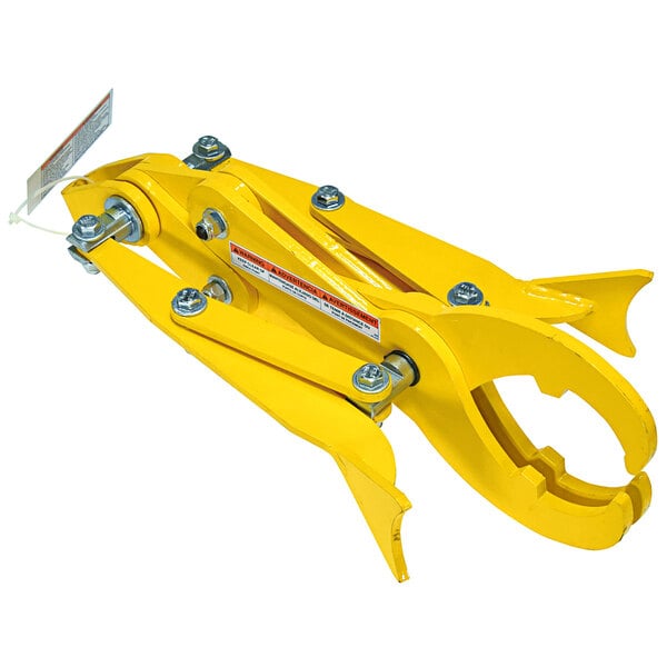 A yellow metal Vestil pipe grab with two handles and screws.