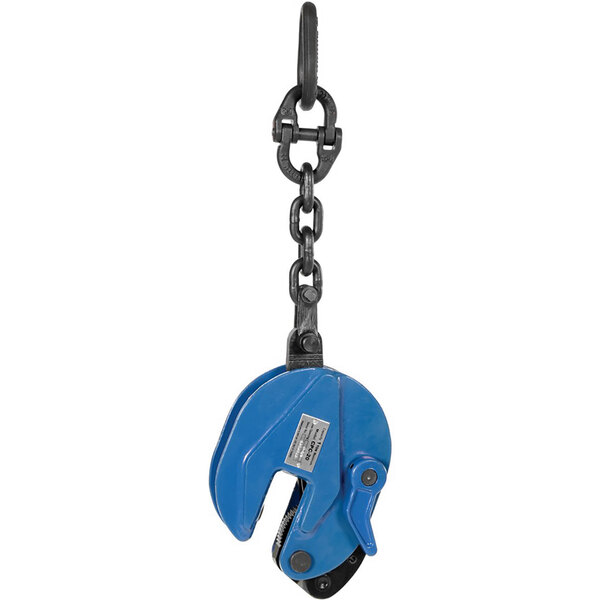 A blue steel Vestil vertical plate clamp with chain attached.