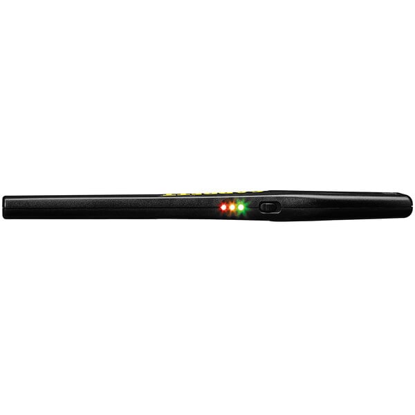 A black Garrett Superwand handheld metal detector with green and red lights.