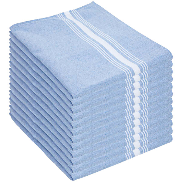 A stack of blue Monarch Brands cloth napkins with white stripes.