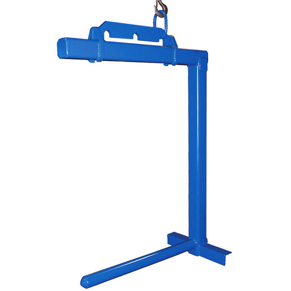 A blue metal coil lifter with a metal rod.