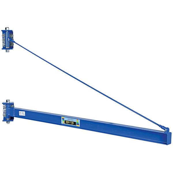 A blue steel rectangular jib crane with a long metal pole.