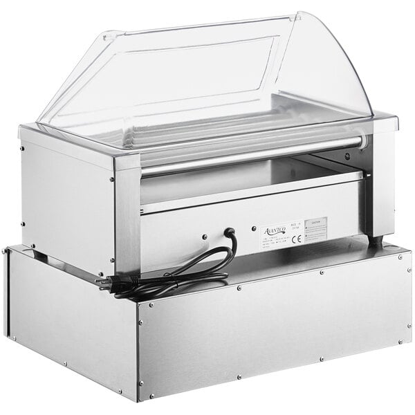 An Avantco stainless steel hot dog roller with glass sneeze guard.