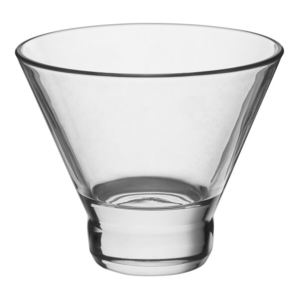 A Libbey stackable stemless martini glass with a cone-shaped bottom.