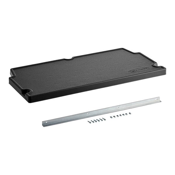 A black rectangular Suncast shelf kit with metal bars.