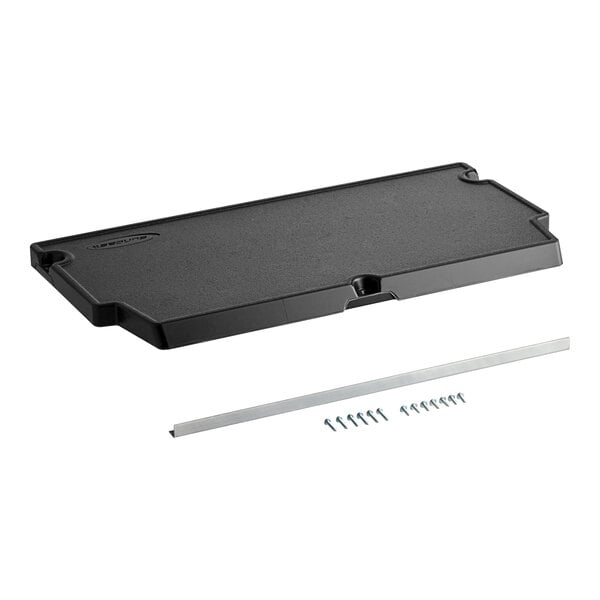 A black plastic tray with screws on a table.