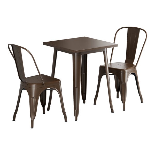 A brown square Lancaster Table & Seating Alloy Series outdoor table with two brown metal chairs.