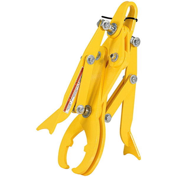 A yellow metal Vestil pipe grab with two handles and screws.