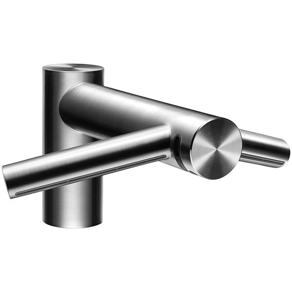 A close-up of a stainless steel Dyson Airblade hand dryer.