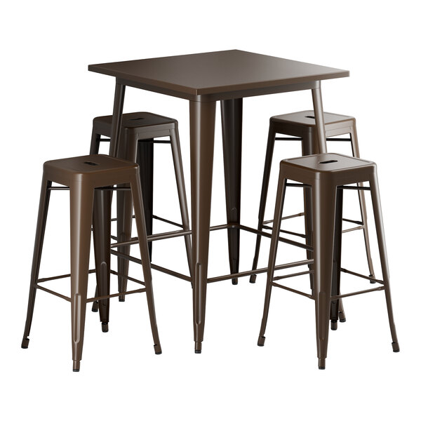 A Lancaster Table & Seating copper bar height table with 4 brown metal backless barstools.