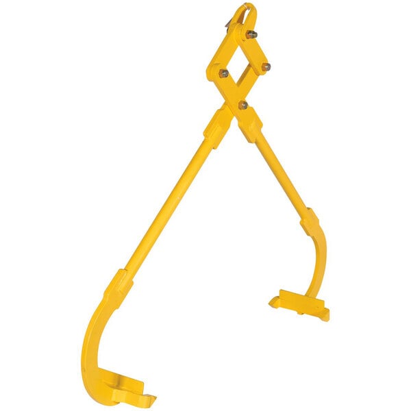 A yellow metal Vestil die lift tong with a yellow handle.