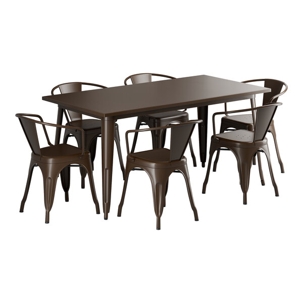 A Lancaster Table & Seating copper dining table with 6 chairs.