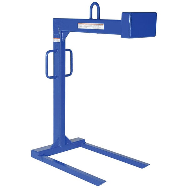 A blue Vestil steel crane and hoist pallet lifter with two forks.