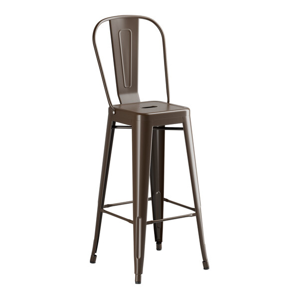 A brown metal barstool with a backrest.