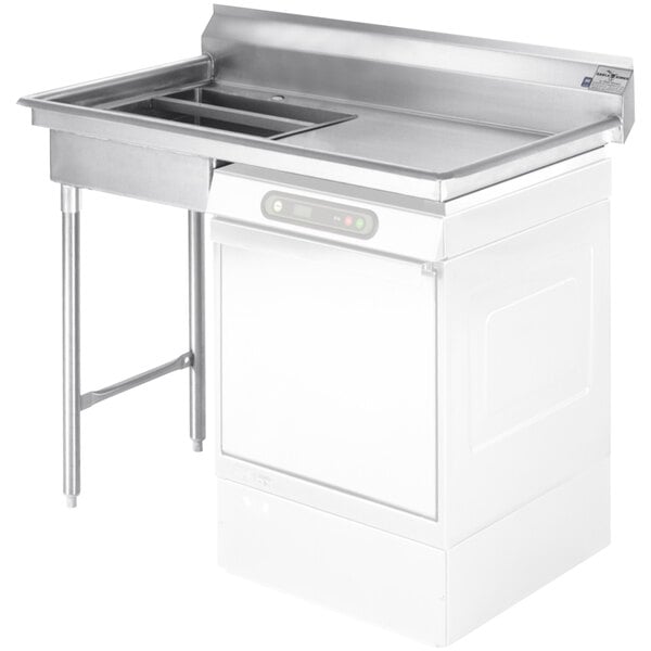 A stainless steel Eagle Group undercounter dishtable with a square top and a right side sink.