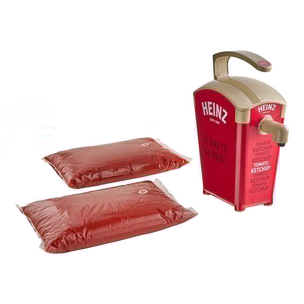 Heinz Keystone 1.5 Gallon Red Plastic Countertop Heinz Ketchup Pump Dispenser with 2 Ketchup Pouches