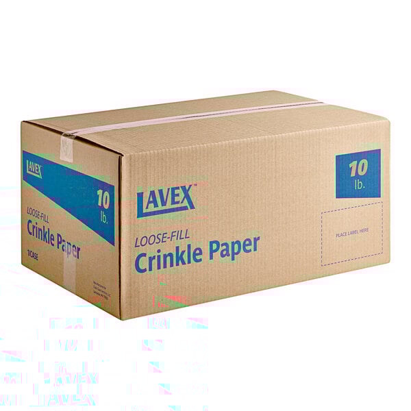 A brown box of Lavex Gold Metallic Crinkle Cut Paper Shred.