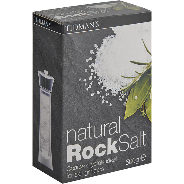 A box of Tidman's Natural Rock Salt on a black surface.