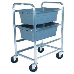 A white Winholt aluminum lug rack with metal bars holding grey plastic bins.
