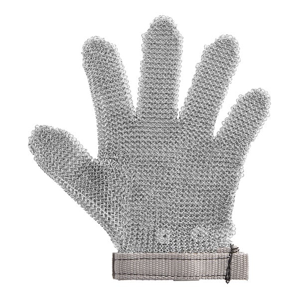 A close up of a Schraf stainless steel mesh cut-resistant glove.