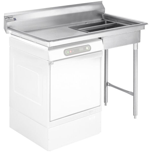 A stainless steel Eagle Group undercounter dishtable with a sink.