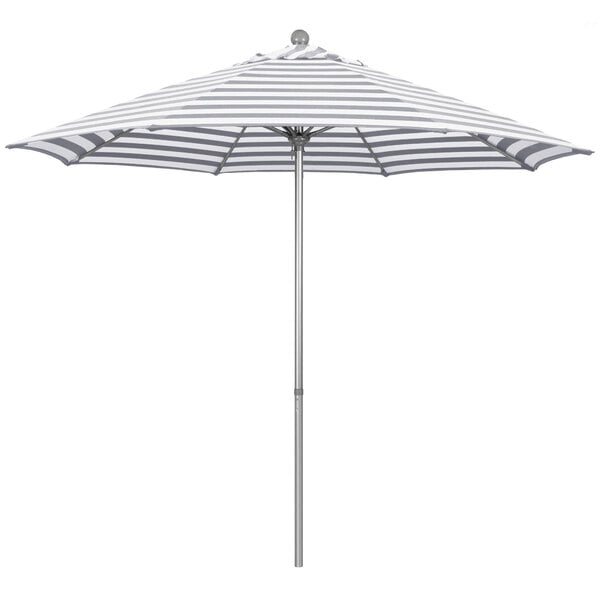 A California Umbrella striped canopy on a gray metal pole.