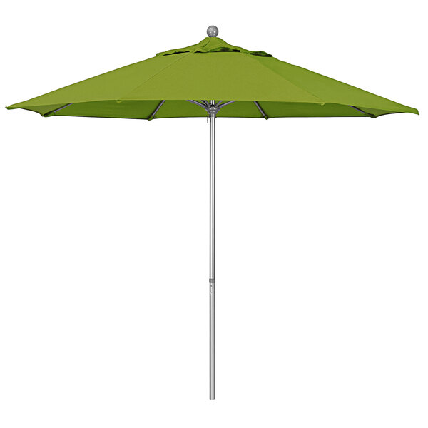 A green California Umbrella on a gray metal pole.