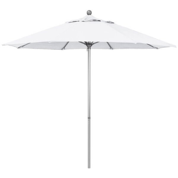 A white California Umbrella with a gray metal pole.