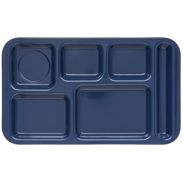A dark blue rectangular Carlisle compartment tray with 6 square compartments.