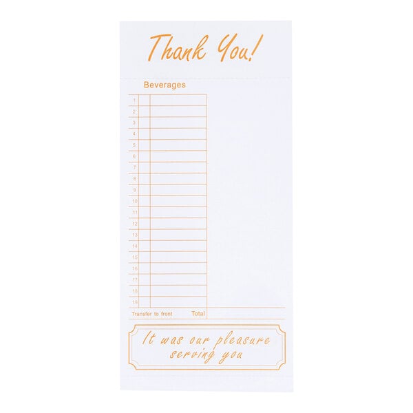 A tan and white guest check pad with beverage lines and a bottom guest receipt section.