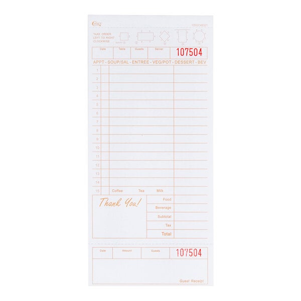 A tan and white restaurant guest check pad with beverage lines and a detachable bottom guest receipt section.