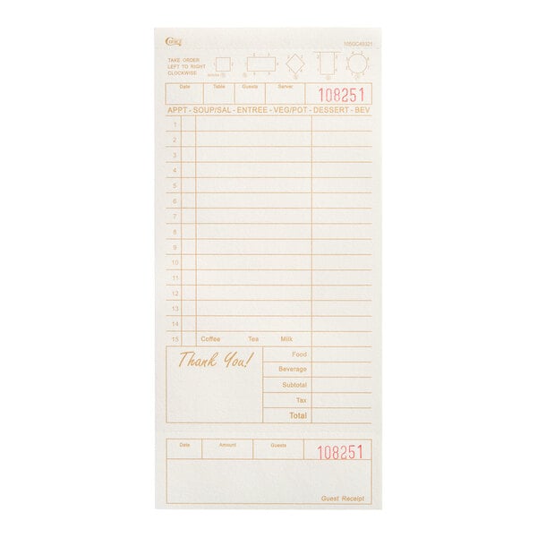 Choice 1 Part Tan and White Guest Check with Beverage Lines and Bottom Guest Receipt   - 2,000/Case