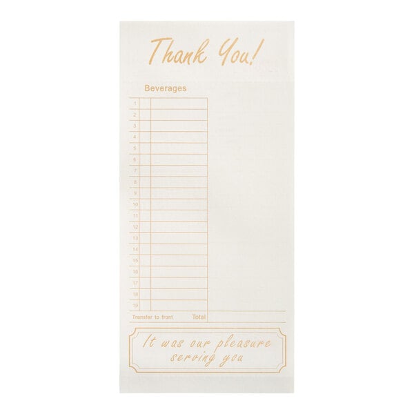 Choice 1 Part Tan and White Guest Check with Beverage Lines and Bottom Guest Receipt   - 2,000/Case