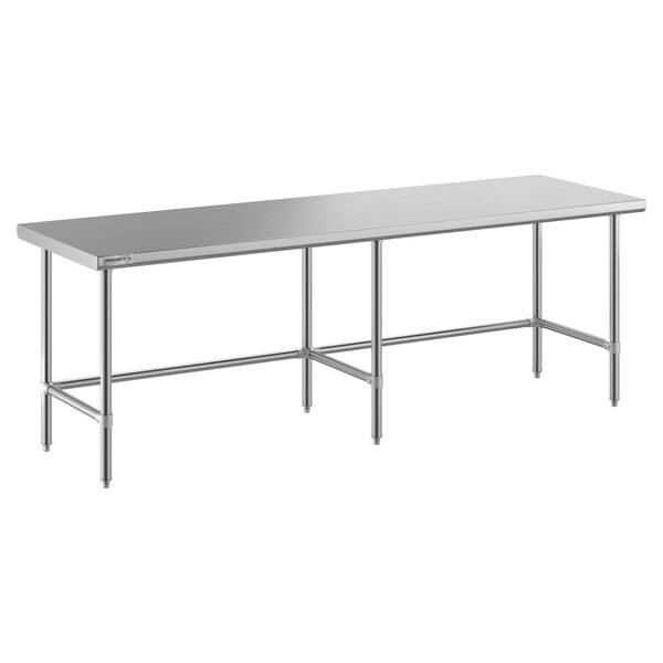 A Regency stainless steel rectangular work table with metal legs.