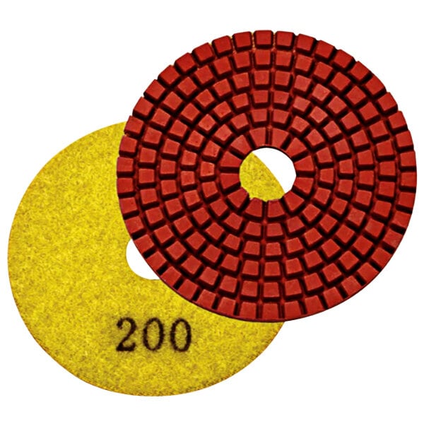 Two yellow and red circular Onfloor high-speed resin diamond pads with the number 200.