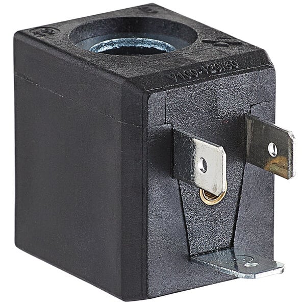 A black square electrical coil with metal screws.