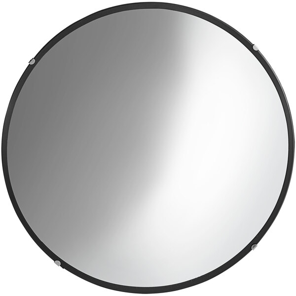 A round convex security mirror with a black frame.