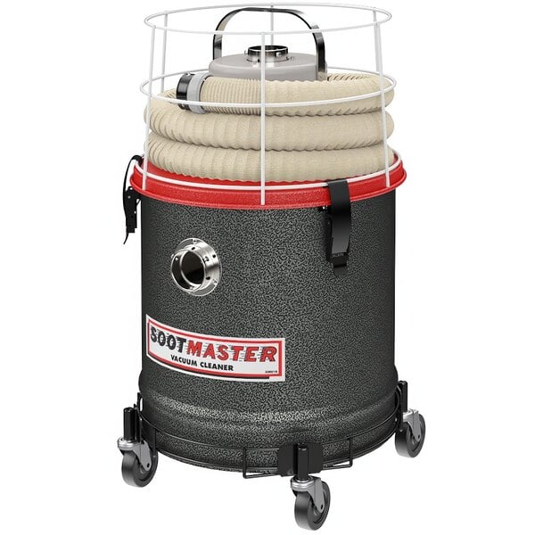 A black and red Mastercraft SootMaster furnace cleaning vacuum with wheels and a hose.