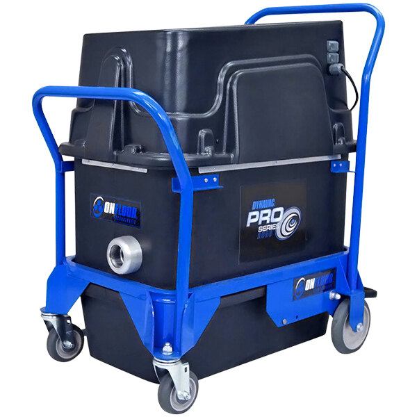 A black and blue Onfloor Dynavac Pro 2000 dust collector vacuum on a cart with wheels.