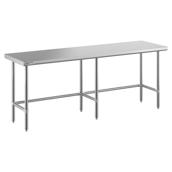 A Regency stainless steel rectangular work table with metal legs.