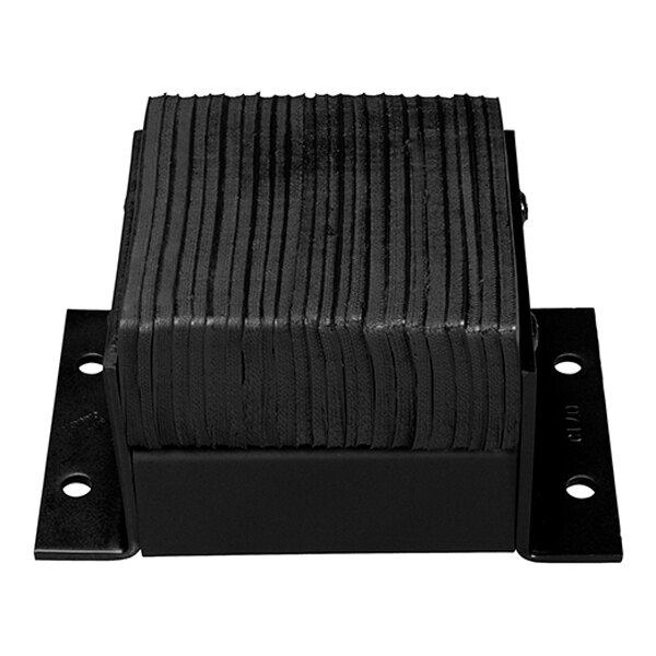 A horizontal laminated dock bumper with a black, ribbed rubber surface and metal mounting plates.