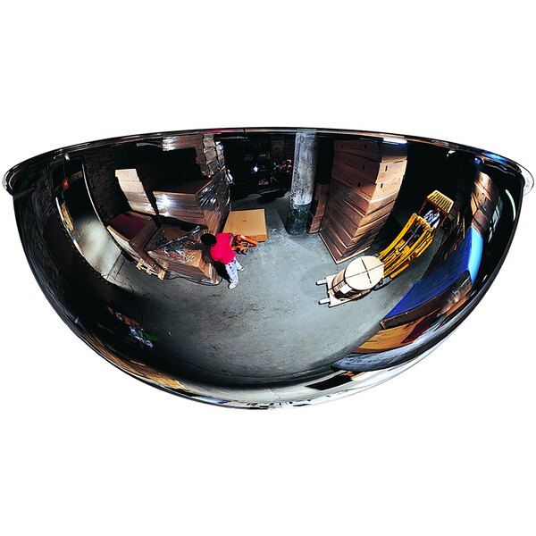 A close-up of a See All Industries 360 degree security mirror with a fish eye view reflection.