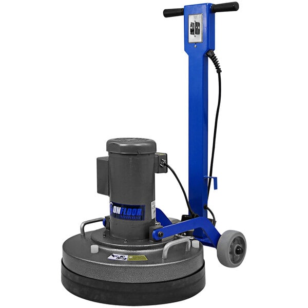 An Onfloor blue and black floor grinder with wheels and a blue handle.