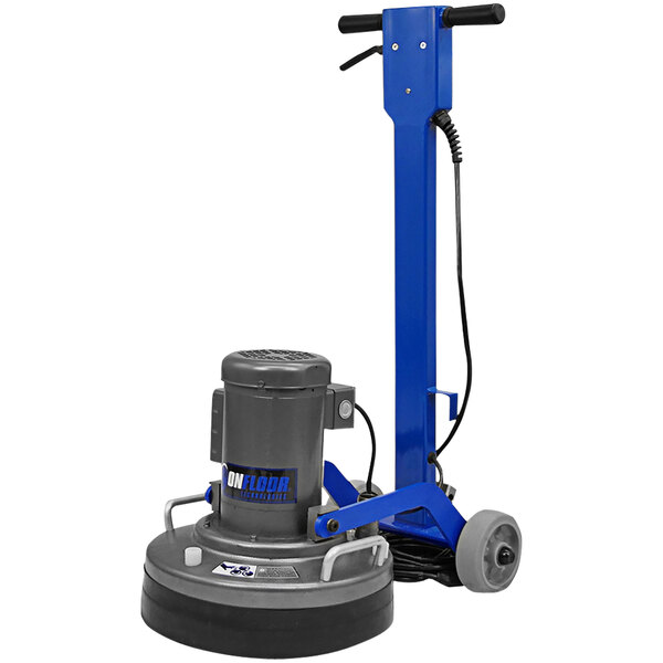 An Onfloor blue and black cylindrical floor grinder with wheels.