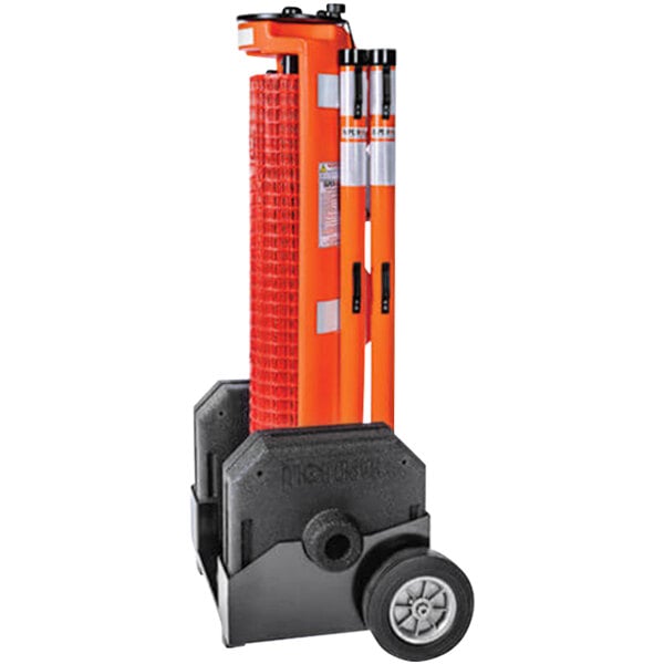 An orange and black plastic portable barrier system with wheels.